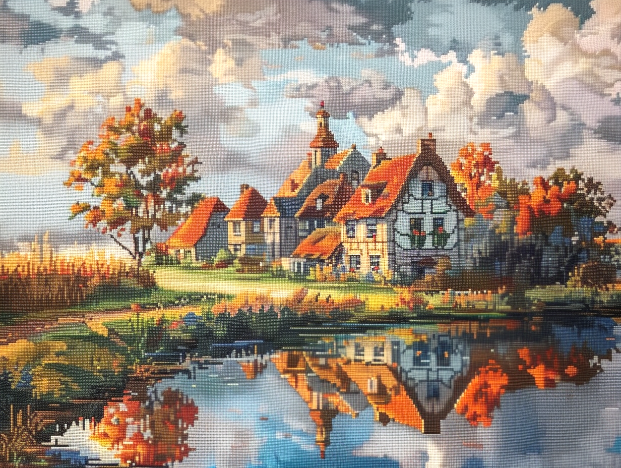 a lakeside house with flowers counted cross stitch kits