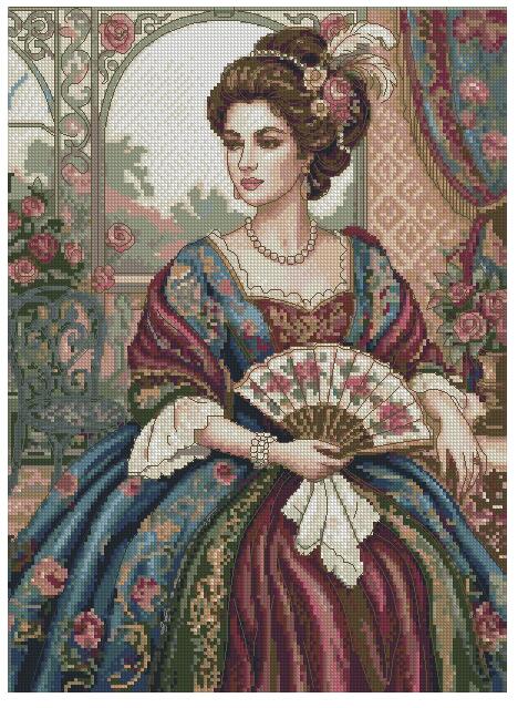 elegant lady with fan counted cotton cross stitch kits