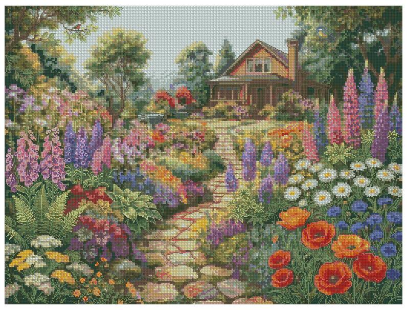 house with flowers counted cross stitch kits