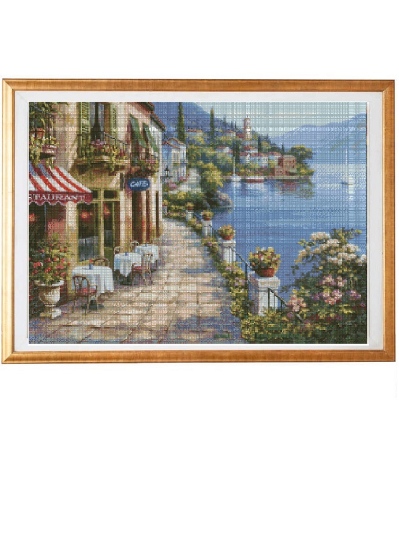 lakeside street cross stitch kit south france scenery landscape counted cross stitch
